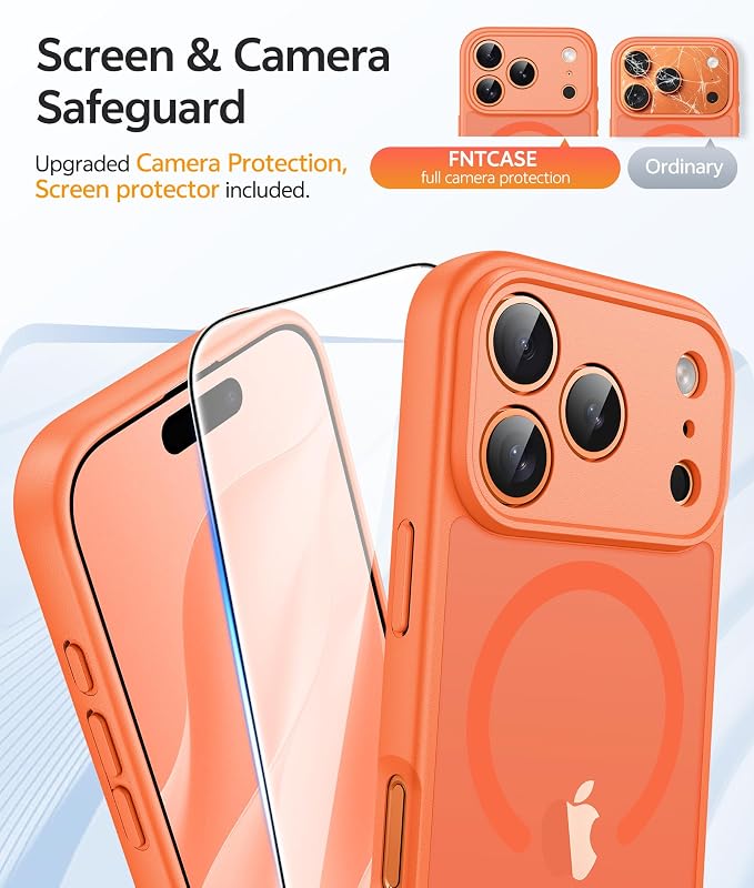 FNTCASE for iPhone 17 Pro Case, Fit for Magsafe, Screen Protector, Orange | Full Camera Protection, Translucent Matte, 14FT Military Grade Drop Proof, Shockproof Protective Phone Cover - Image 4