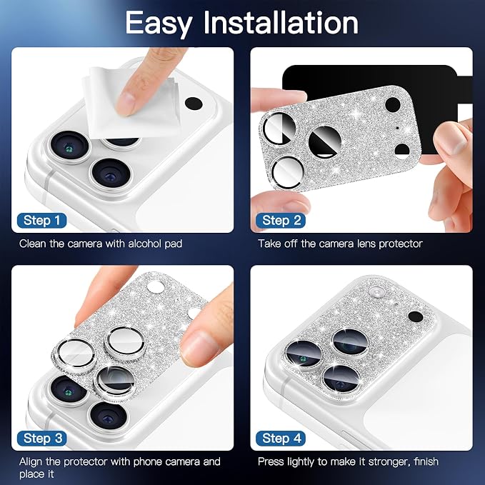 [2 Pack Bling Camera Lens Screen Protector for iPhone 17 Pro with 9H Tempered Glass Aviation Aluminum Plate Cover Metal Ring,Night Circle,No Bubble,HD Clarity,Easy Installation-Glitter Silver - Image 8