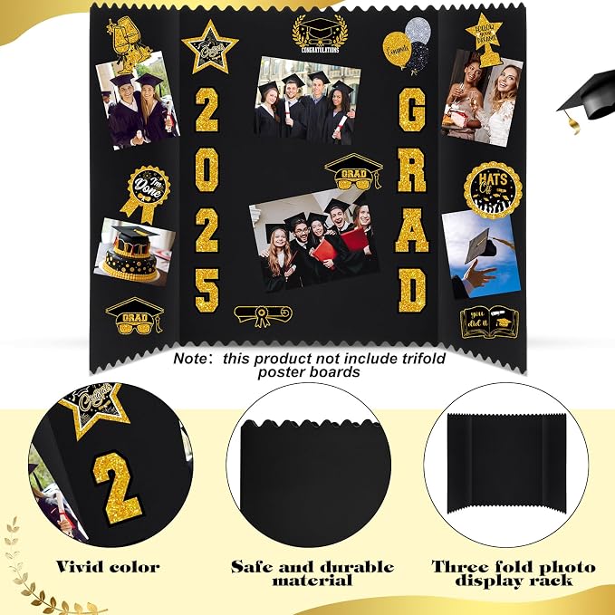 Glenmal 14 Sheets Graduation Photo Display Board Sticker Class of 2026 Black Gold Picture Display Stickers Accessories for 2026 Grad Party College Board Photo Frame Decor (12x10inch, 8.3x8.3inch) - Image 3