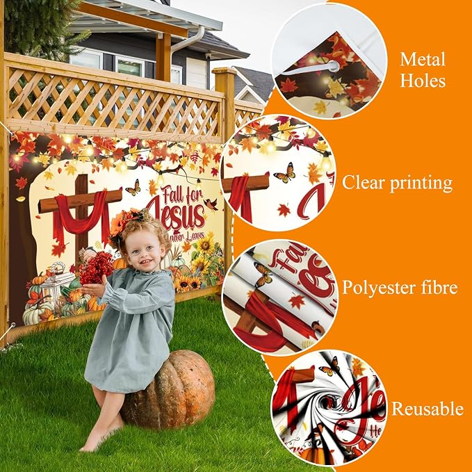 Thanksgiving Banner 10x7ft Polyester Fall for Jesus He Never Leaves Banner Outdoor Happy Thanksgiving Backdrop Fall Decorations for Party Pumpkin Patch Backdrop - Image 6
