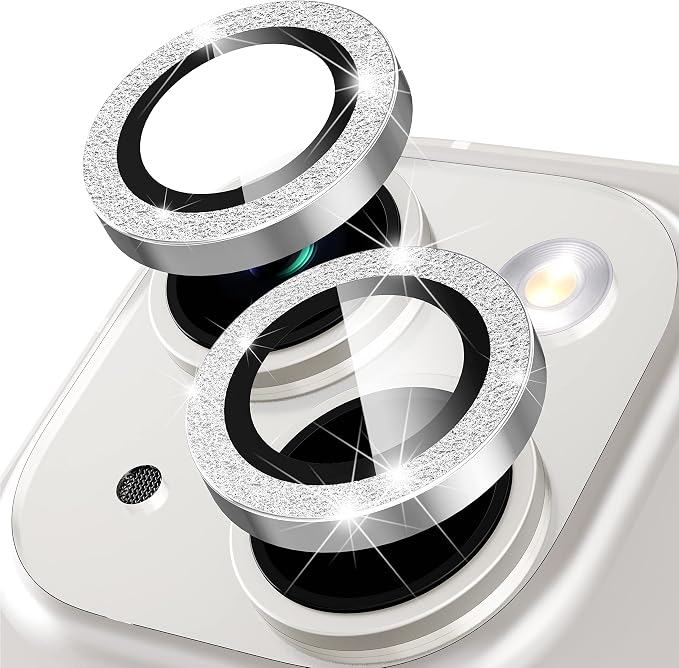 Suoman for iPhone 14 6.1 inch / 14 Plus 6.7 inch Camera Lens Protector, 9H Tempered Glass Film, Metal Frosted Independent Protective Cover [Glitter Diamonds]- Silver by Suoman