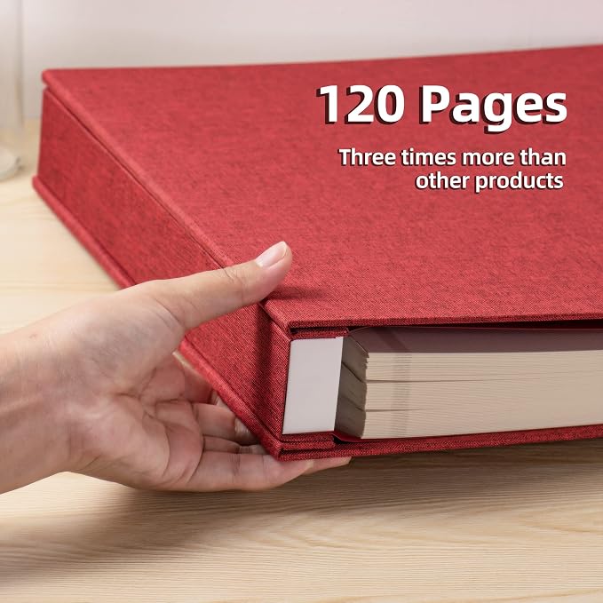 Large Photo Album Self Adhesive 4x6 8x10 10x12 Scrapbook Magnetic Album DIY Scrapbook Length 13 x Width 12.8 (Inches) 120 Sticky Pages Linen Cover DIY Photo Album(Red) - Image 4