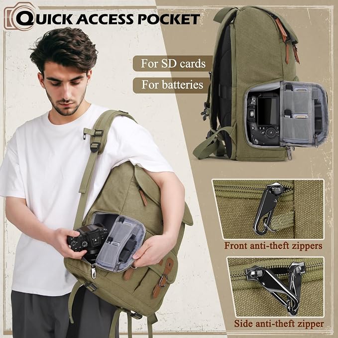 RAINSMORE Camera Backpack, DSLR SLR Mirrorless Camera Bag for Photographer | 15.6 Inch Vintage Canvas Camera Case with Laptop Compartment & Tripod Holder & Rain Cover for Sony Canon Nikon Fujifilm Green - Image 5