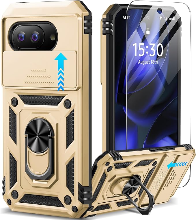 Taisairu for Google Pixel 9A Case with Screen Protector & Slide Camera Lens Cover, Built-in 360°Rotate Magnetic Ring Stand Shockproof Protective Phone Case for Google Pixel 9A Case (Gold) by Taisairu