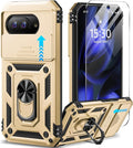 Taisairu for Google Pixel 9A Case with Screen Protector & Slide Camera Lens Cover, Built-in 360°Rotate Magnetic Ring Stand Shockproof Protective Phone Case for Google Pixel 9A Case (Gold) by Taisairu