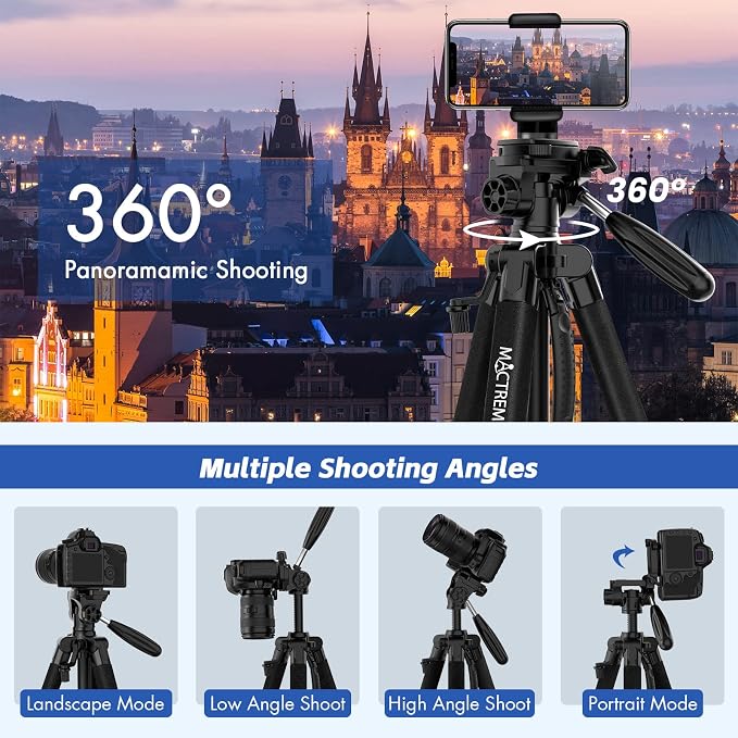 MACTREM 75in Aluminum Lightweight Travel Tripod for DSLR Camera Phone iPad | 3-Way Head 360° Rotation. With Phone iPad Mount, Bluetooth Remote. Stable Aluminum Stand for Video & Photography. - Image 6