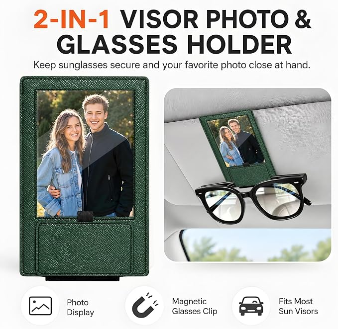 2-in-1 Car Visor Sunglasses & Photo Holder, Magnetic PU Leather Glasses Clip with Picture Display Slot, Universal Sun Visor Organizer for Eyeglasses, Personalized Cards & Memories, Green - Image 3