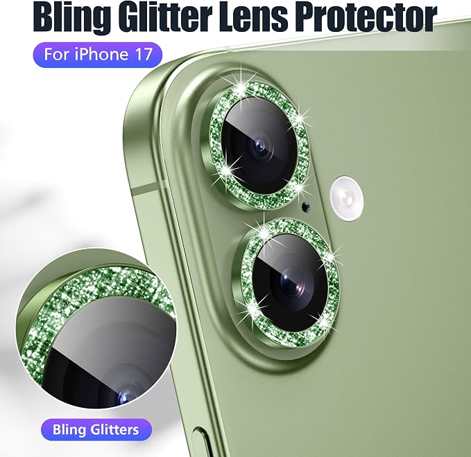 AGVEE 3+3 6 Pack for iPhone 17 Camera Lens Protector Cover | Individual Bling Diamond & Bling Glitter Sparkle Cute Gem Metal Ring, 9H Tempered HD Glass - Image 5