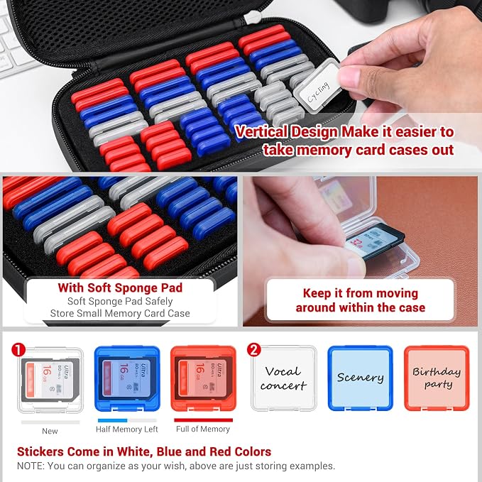 EVA PU Memory Card Case with 48PCS Clear Plastic Memory Card Holder for 24 SD SDHC SDXC & 24 TF MSD Cards,Dual-Protect Water-Resistant Anti-Shock MicroSD SD Card Carrying Organizer with Label - Image 3