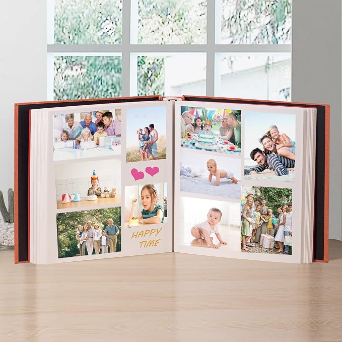 Large Photo Album Self Adhesive 4x6 5x7 3x5 8.5x11 Scrapbook Magnetic Album DIY Scrap Book Length 13 x Width 12.8 (Inches) 120 Sticky Pages Linen Cover DIY Photo Album (Orange) - Image 3