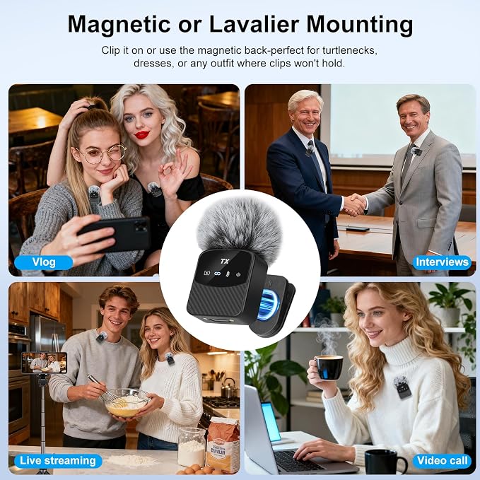 Mini Wireless Lavalier Microphone for iPhone/Android/Tablets,Magnetic Mini Mic with Noise Reduction, 25H Battery Life with Charging Case, Lapel Microphone Wireless for Video Recording Podcast - Image 5