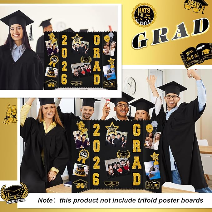 Glenmal 28 Sheets Graduation Photo Display Board Sticker Class of 2026 Black Gold Picture Display Stickers Accessories for 2026 Grad Party College Board Photo Frame Decor - Image 6