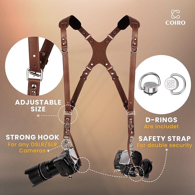 Dual Camera Harness Leather Camera Strap DSLR/SLR, All-Day Comfort - Image 2