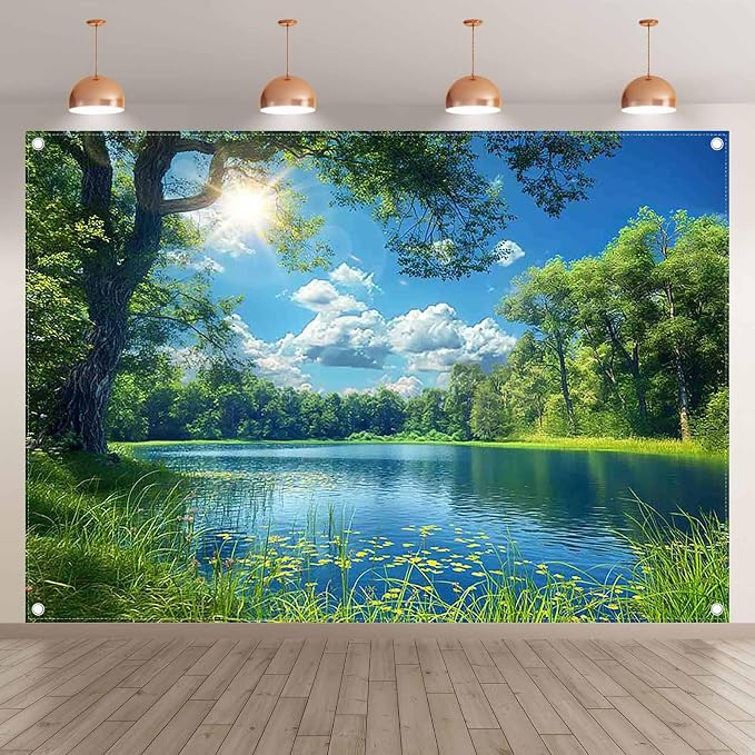 Fabric 7x5ft Lake Natural Scenery Backdrop River Camp Banner | Mountain Forest Tree Blue Sky Bokeh Photography Background, Picnic Hiking Party Decorations, Spring Outdoor Photo Props - Image 2