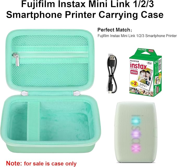 Elonbo Carrying Case for Fujifilm INSTAX Mini Link 3/2/1 Smartphone Printer | Portable Color Instant Photo Printer Hard Travel Protective Bag, Interior Mesh Pocket fits Instant Film Printer Paper, Green - Image 2