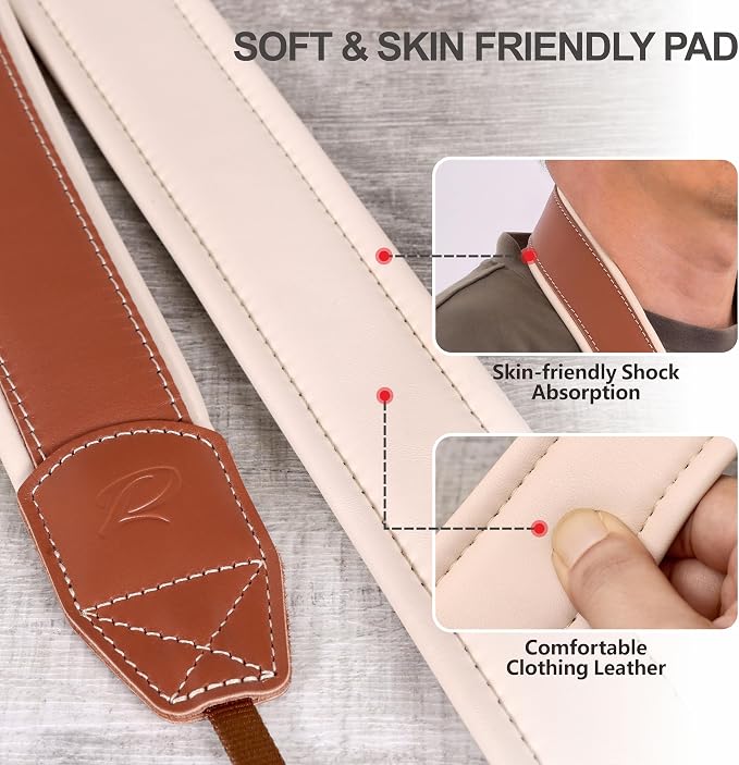 Padwa Lifestyle Tan Top Leather Camera Strap - 1.77" Wide Full Grain Cowhide Camera Straps with Soft Skin Friendly Neck & Shoulder Leather Padded Comfort for Extended Photography by Photographers - Image 3