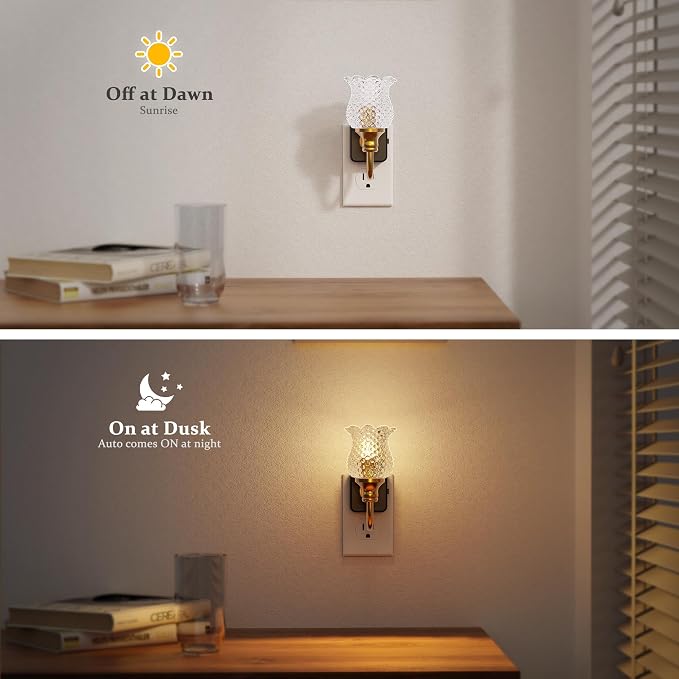 JandCase Night Light, Glass Night Lights Plug into Wall Dimmable | Floral LED Nightlight, 0-100LM Flower Nightlights, Dusk to Dawn Sensor, 1W Vintage Nite Light for Bathroom Hallway Gift Decor - Image 3
