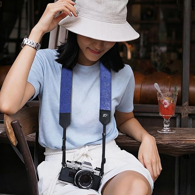 Padwa Lifestyle Camera Strap - 2" Blue Faux Leather Carving Camera Straps with Full Grain Leather Ends for Photographers, Vintage Soft Suede Fabric Padded Strap Quick Release fits All Cameras - Image 2