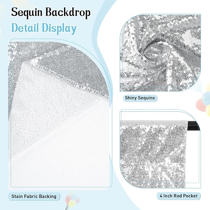 SquarePie 10x10ft Silver Sequin Backdrop, High Density Non-Transparent Glitter Curtain for Photography, Birthday, Wedding Party Decorations, Thick Solid Background with 4" Rod Pocket, 1 Panel - Image 4
