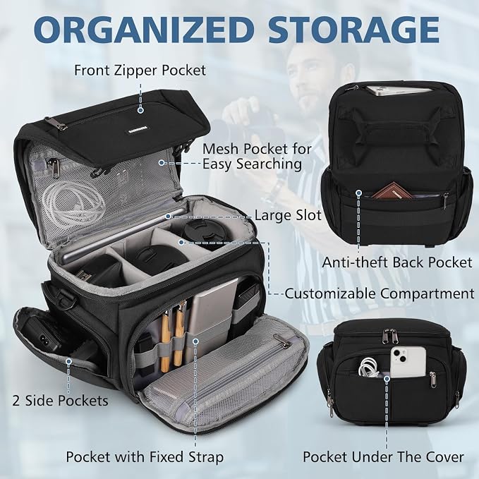 RAINSMORE Camera Bag, DSLR/SLR/Mirrorless Camera Sling Bag for Photographers Waterproof Small Camera Case with Tripod Holder & Rain Cover Camera Crossbody Bag for Canon/Nikon/Sony/Fuji, Black - Image 3