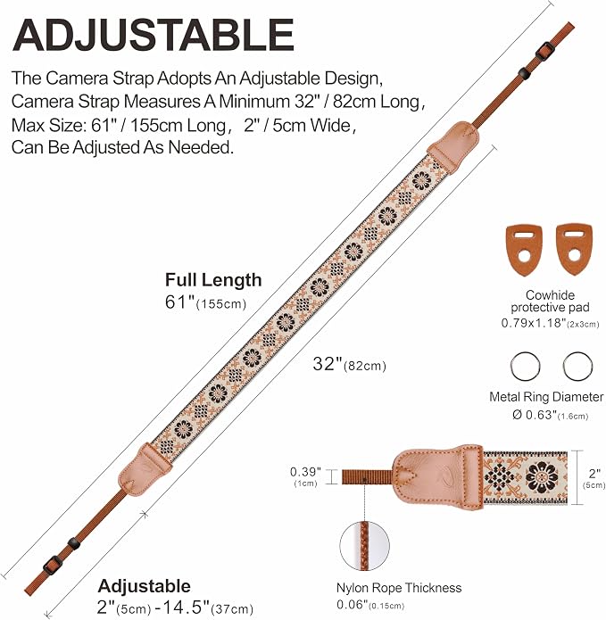 Padwa Lifestyle Elegant Brown Floral Camera Strap - 2" Cowhide Head Camera Straps for Photographers,Adjustable Vintage Jacquard Embroidery Woven Cotton Shoulder Neck Strap for Cameras,Binoculars - Image 5
