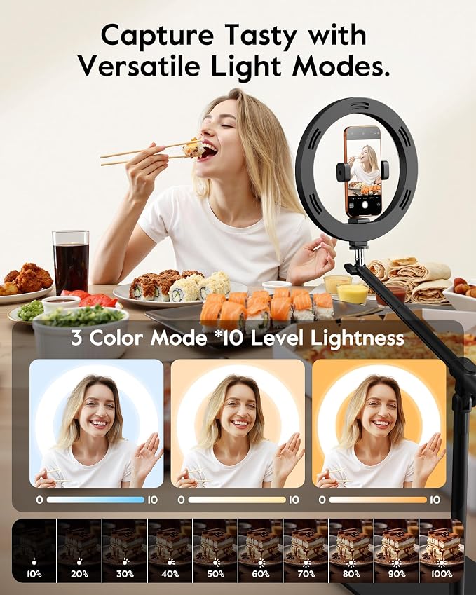 LUXSURE Ring Light with Stand for Desk,Adjustable Overhead Phone Mount with 10" Selfie Light Phone Tripod with Ring Light and Remote, Phone Stand with Light for Video Recording,Live Stream,Cooking - Image 5