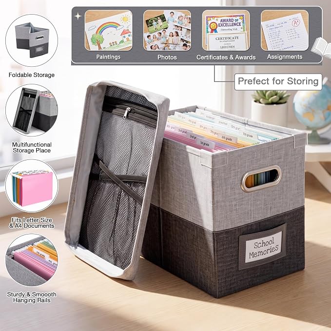 1 Set School Memory Box Organizer, School Keepsake Organizer K-12,Grey | with 15 Hanging File Folders, 4 Labels, 3 Sticker, Mesh-Pocket Lid, for Letter/A4, Report Cards, Photos, Awards, File Keeper - Image 4