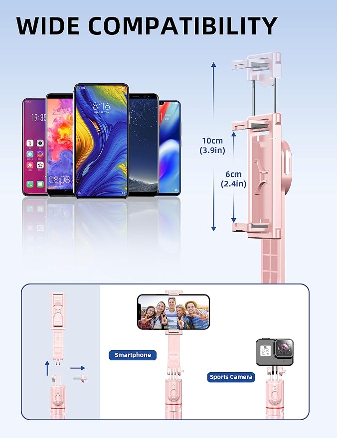 41'' Tripod for Phone, Extendable Selfie Stick with Wireless Remote, Aluminum Cell Phone Tripod Stand 360°Rotate Lightweight & Portable Compatible with iPhone/Android (Pink) - Image 7
