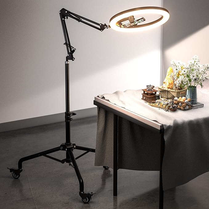 UBeesize Pro 12” Ring Light Tripod with Overhead Phone & Camera Mount | Adjustable Mobile Stand with Phone Holder, Casters for iPhone Video Recording, Live, Cooking, Content Creation, Photography by UBeesize