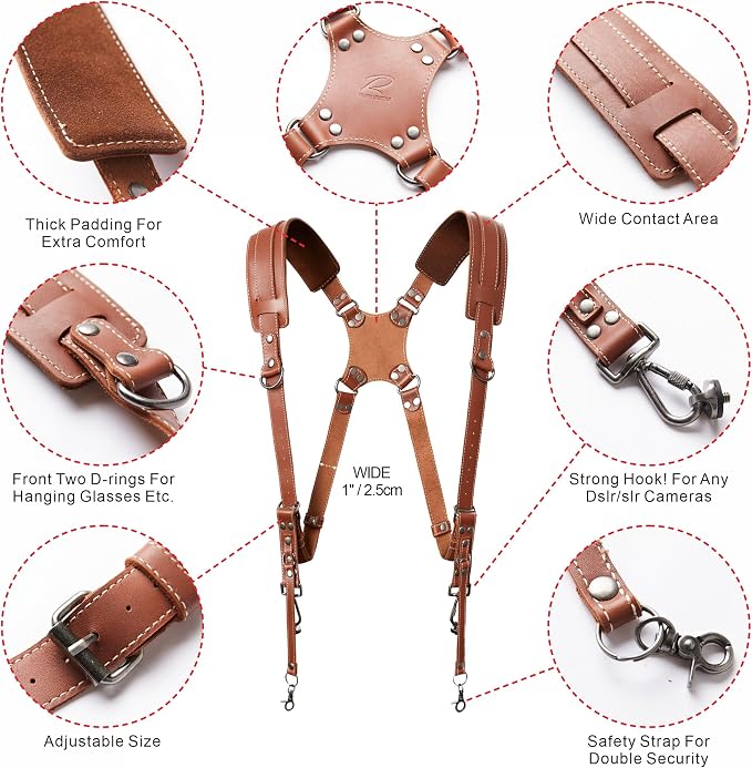 Padwa Lifestyle Tan Dual Camera Harness Strap for Two-Cameras - Dual Shoulder Full Grain Leather Harness,Multi Double Camera Gear for DSLR/SLR Strap,Double Camera Harness for Photographers - Image 2