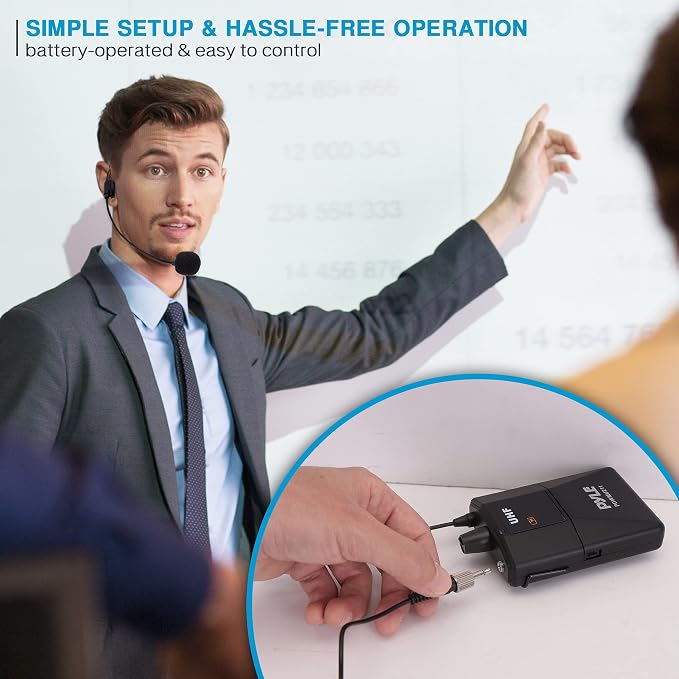 Pyle Dual UHF Microphone System - Portable Professional Cordless Microphone Set Wireless Mic Kit w/Headset / Lavalier Mic, Beltpack Transmitter, Receiver - Karaoke & Conference - Pyle PDWMU211,Black - Image 4
