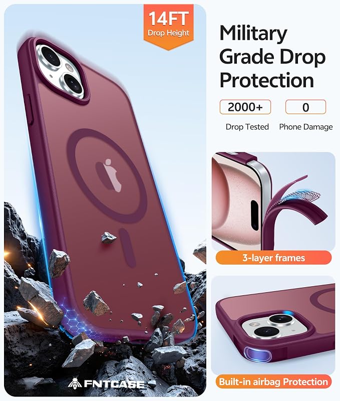FNTCASE for iPhone 15/14/13 Case, Fit for Magsafe, Glass Screen Protector | Translucent Matte, Magnetic Phone Cases, 14FT Military Grade Drop Protection, Slim Shockproof Protective Cover, Wine Red - Image 5