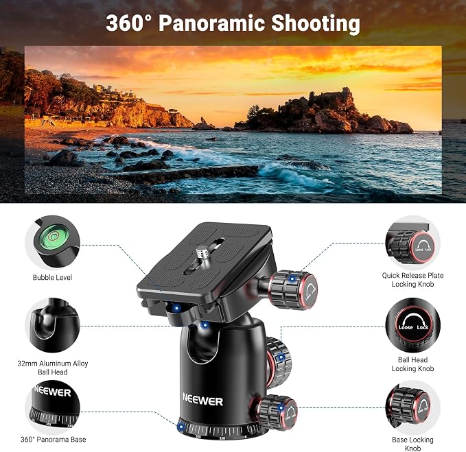NEEWER Basics Overhead Camera Tripod Monopod with Ball Head & Horizontal Center Column, 76 Inch Tall Metal DSLR Video Travel Stand, Arca Type QR Plate & Inverted Legs, Max Load 17.6 lb, TP014 - Image 3