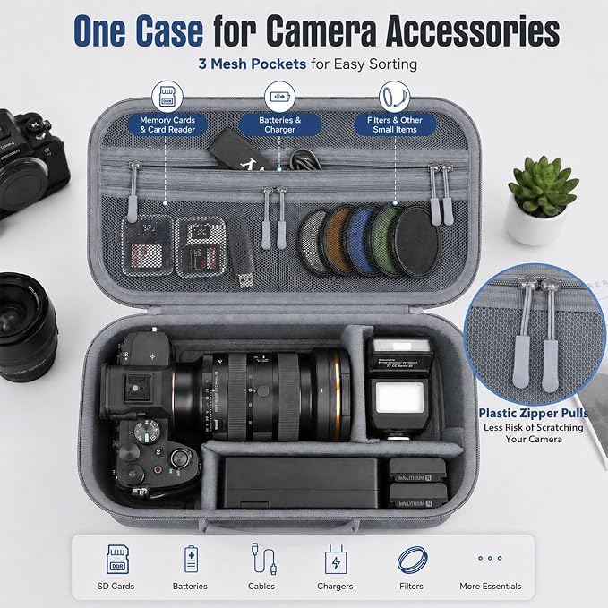 Camera Case for Canon EOS Rebel T7/R50/R100/for Sony a7iv/Mirrorless | EVA hard shell, Oxford fabric, 4 adjustable dividers and 3 mesh pockets for camera travel and home storage-Grey (Case Only) - Image 7