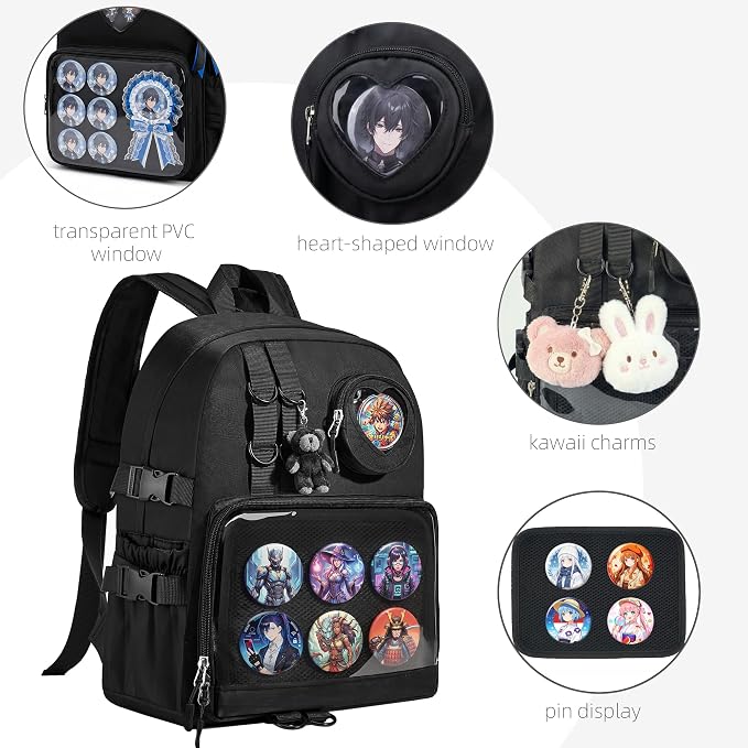 Ita Bag Backpack with Insert - Kawaii Pin Display Clear Window Bookbag, Y2K Aesthetic Laptop Backpack for Anime Cosplay School, Fits 15.6" Laptop, Black - Image 4