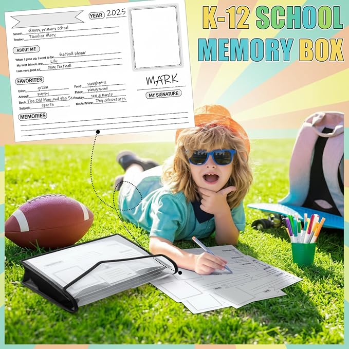 Motipuns 14 Pack K-12 School Memory Box Back to School, Black | Large Capacity Organizer, 16 Questionnaire Cards, Photo Album Keepsake Scrapbook, from Pre to 12th Grade File Picture Folder - Image 2