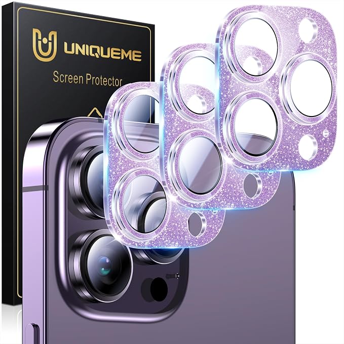 UniqueMe for iPhone 14 Pro Max/14 Pro Camera Lens Protector-Glitter Purple | 3 Pack-Acrylic, Not Glass, Case Friendly, Scratch-Resistant, Night Shooting Mode by UniqueMe
