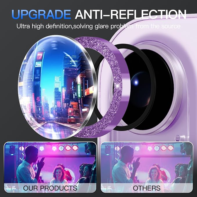 Suoman for iPhone 17 Camera Lens Protector, Bling Glitter Independent Metal Crystal Tempered Glass Camera Lens Cover [Strong-Adhesion][Does not Affect Night Shots] -Purple - Image 3