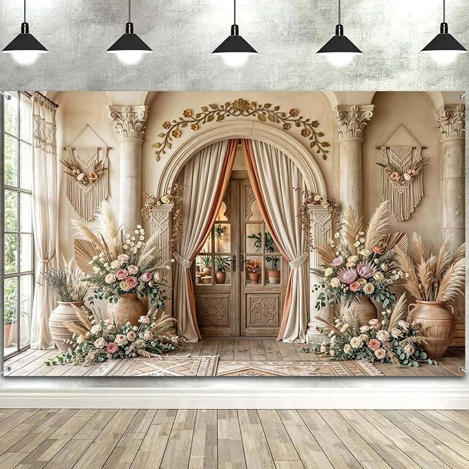 5X3ft Boho Floral Wedding Backdrop Retro Elegant Flowers Wall Photography Background Beige Vintage Wedding Bridal Shower Mother's Day Event Party Home Art Decor Portrait Photoshoot Props - Image 4