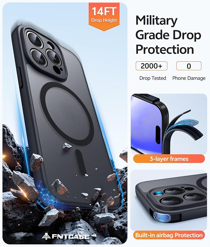 FNTCASE for iPhone 14 Pro Case, Compatible with Magsafe, Screen Protector | Full Camera Protection, Translucent Matte, 14FT Military Grade Drop Proof, Shockproof Protective Phone Cover, Black - Image 5