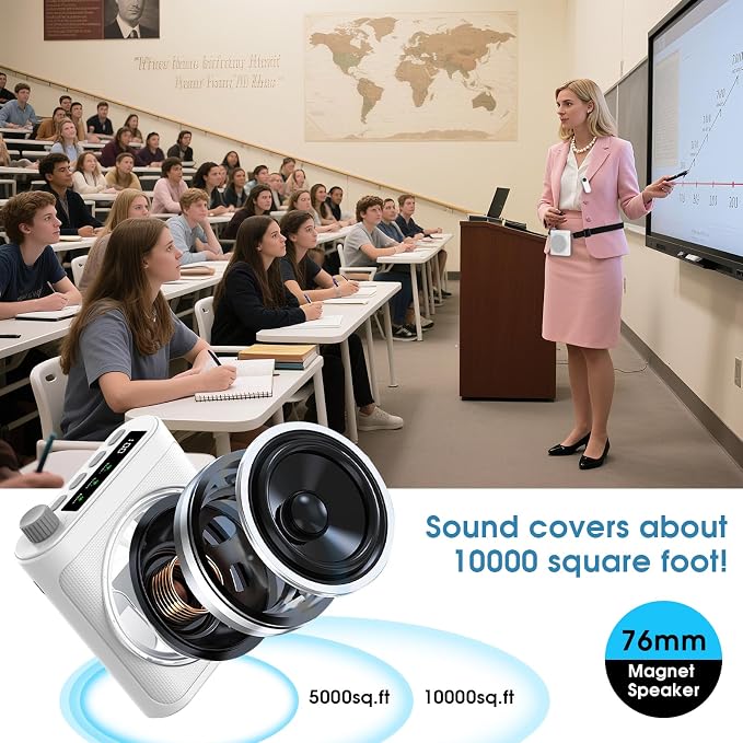 15W Wireless Voice Amplifier with 2 Magnetic Lavalier Mics & Noise Reduction - Bluetooth 5.3 PA System for Teachers, Tour Guide, Yoga - 15H Rechargeable Battery, Waist-Mount Design (White) - Image 4