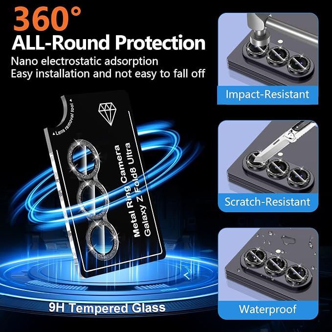 for Samsung Galaxy Z Fold 8 Ultra Camera Lens Protector, Individual Metal Ring Tempered Glass Lens Cover, [Strong Adsorption] Scratch Resistant Ultra-Thin HD Clear Lens Cover, 1 Set-Black Sparkly - Image 2