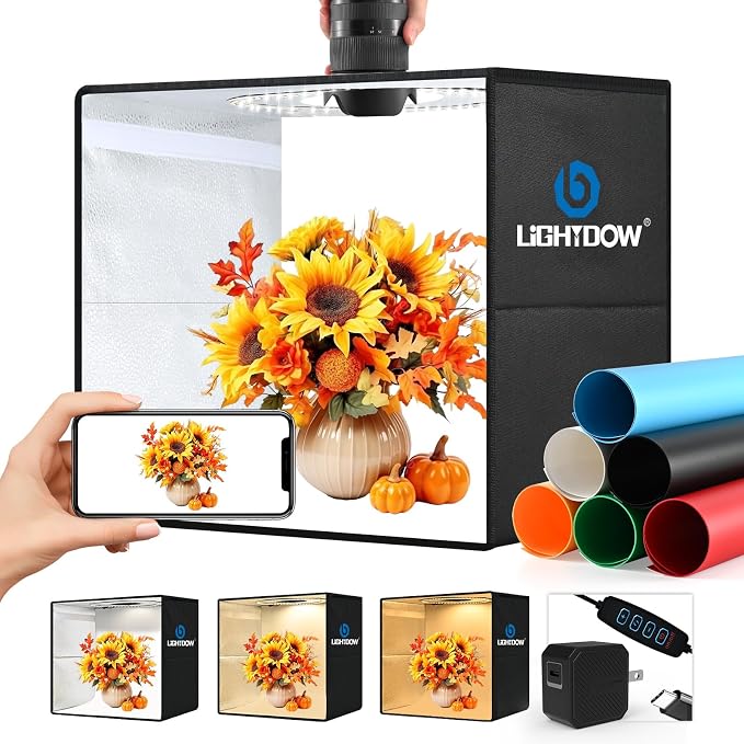 Lightdow 16"x16"x16" Photo Studio Light Box Photography with Type-C Plug/Cable & 180 LEDs(CRI>95), 6 Backdrops-Portable/Dimmable/Folding Shooting Tents for Toys/Jewelry/Watches/Cosmetics by Lightdow