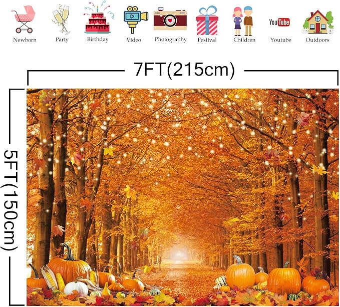 7x5FT Polyester Fall Autumn Photo Backdrop for Photography Autumn Forest Scenery Maple Leaves Pumpkins Background Fall Thanksgiving Day Friendsgiving Party Decorations Fabric - Image 5