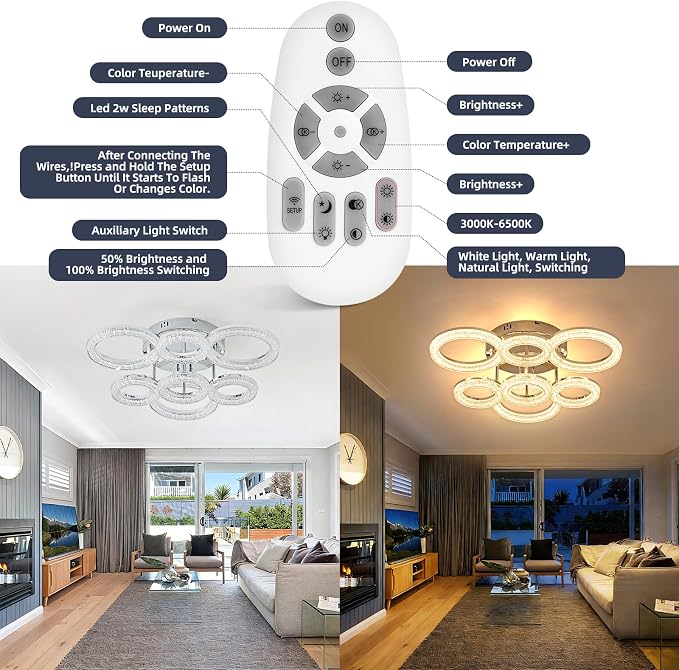 Modern Ceiling Light, 7 Rings 23'' Dimmable LED 106W Flush Mount Ceiling Lights with Remote Acrylic Crystal Round Ceiling Light Fixture, Bedroom Living Room Dining Room, Chrome - Image 5