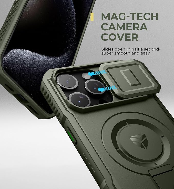 Dexnor for iPhone 15 Pro Max Case with Slide Camera Cover & Adjustable Kickstand, Compatible with MagSafe, Rugged Shockproof Bumper Cases Heavy-Duty Magnetic Protective Cover,6.7 inch,Army Green - Image 4