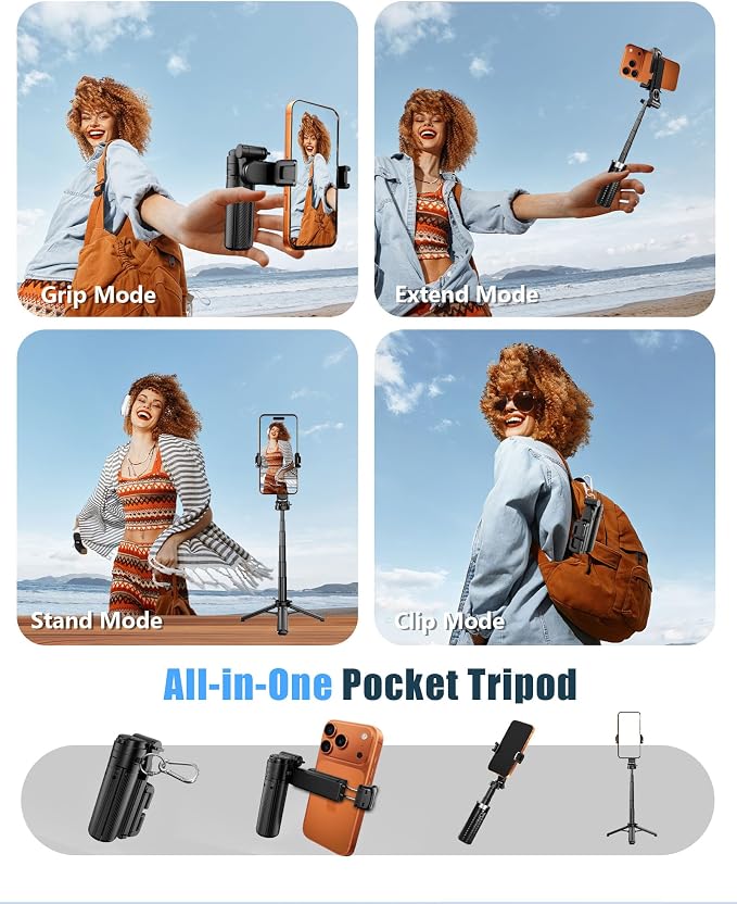 Pocket Phone Tripod, 3-in-1 Portable Selfie Stick Tripod with Remote, 360° Rotation Cell Phone Tripod Stand, Extendable Mini Tripod for iPhone Android Phones (Clip Mount) - Image 2