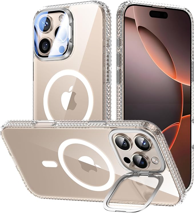 VOFATA [Upgraded] for iPhone 16 Pro Max Case with Camera Cover Stand [Fit for MagSafe][9H Camera Lens Protector] Mil-Grade Protection Transparent Magnetic iPhone 16 Pro Max Phone Case, Clear by VOFATA