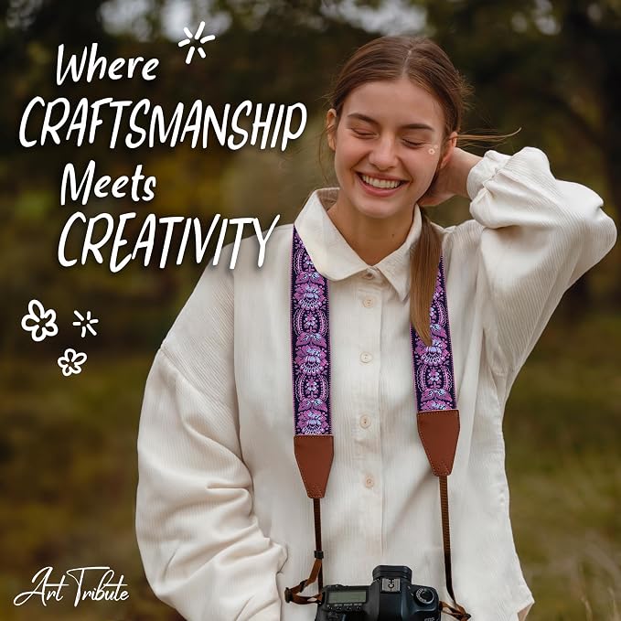 Art Tribute Camera Strap - Shoulder, Crossbody & Neck Camera Strap for Photographers, Fits All Cameras, Canon Nikon Sony Fujifilm, Padded Strap W/Quick Release, Embroidered Cotton & Leather Ends - Image 8