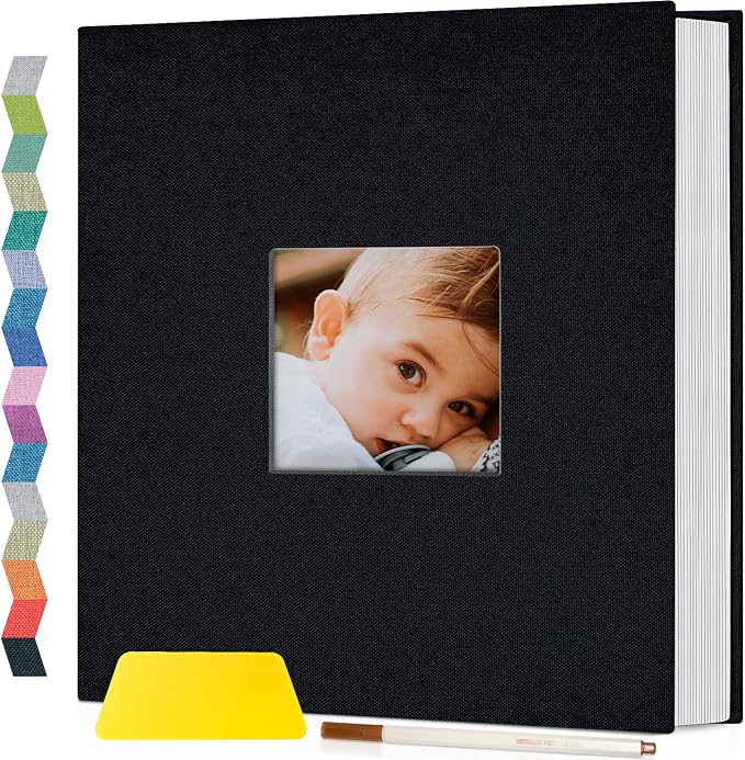 Popotop Photo Album Self Adhesive with Picture Display Window,40 Pages DIY Scrapbooking Supplies Kit for 4x6 10x12 Picture,Linen Cover Memory Book for Baby Wedding, with Scraper and Metallic Pen by Popotop